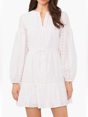 1State Eyelet Mini Dress with long Sleeves Tie Waist Lined - White NWOT